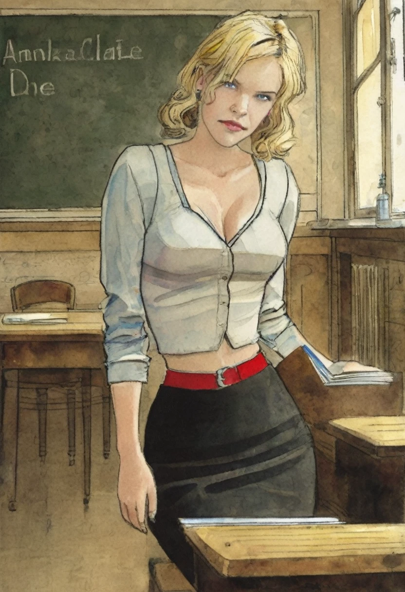 (A watercolor comics painting in the style of Jean-Pierre Gibrat), Blonde French teacher, Anna Friel, low-cut tube top, tight pencil skirt, alone at the chalkboard in the classroom, illustration by Jean-Pierre Gibrat
