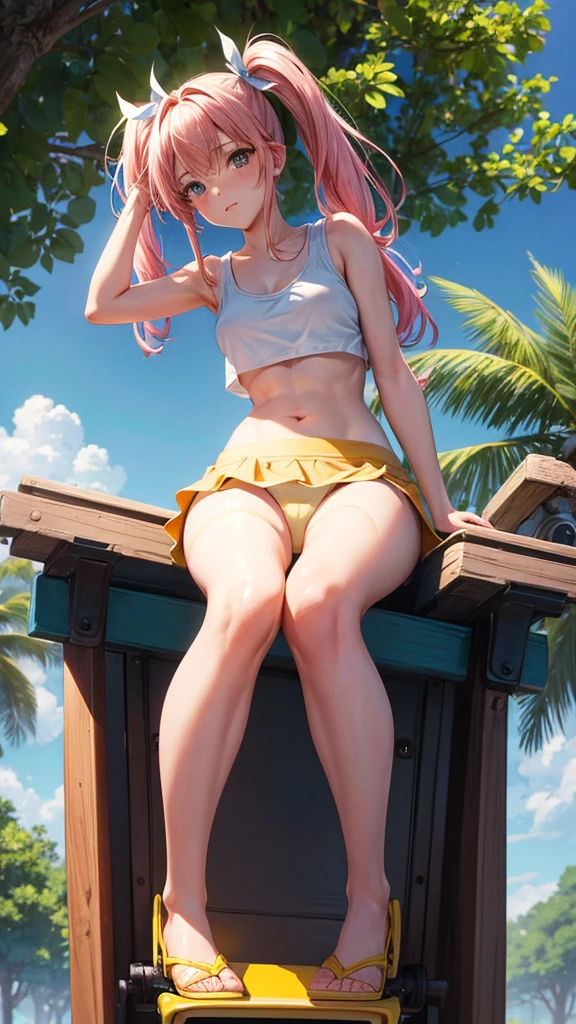 (masterpiece, highest quality, ultra high res, ultra detailed:1.3), 1 cute girl, ideal ratio body proportions, pink medium hair, half twintail, small breast, from below, front view, yellow tank top, tank top covered nipples, blue denim mini (skirt, white panties:1.4), (sitting, open legs, riding on a seesaw:1.3), view from the other side of the seesaw, cameltoe, 