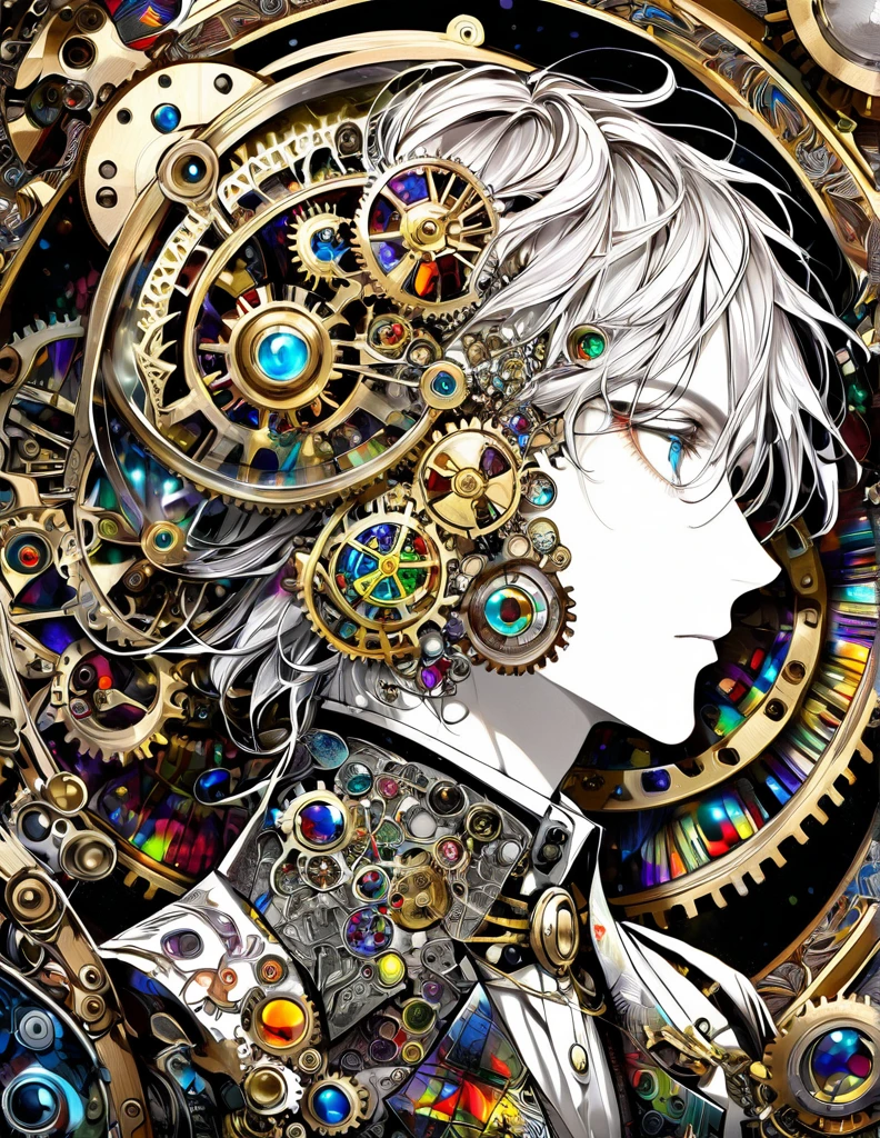 best quality, super fine, 16k, incredibly absurdres, extremely detailed, delicate and dynamic, stained glass kaleidoscope made of jewels of various colors, with mechanical mechanisms, clockwork mechanisms, and gear mechanisms, monochrome man peering into it, iridescent world artwork 