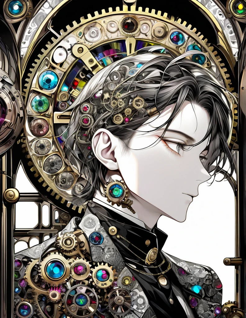 best quality, super fine, 16k, incredibly absurdres, extremely detailed, delicate and dynamic, stained glass kaleidoscope made of jewels of various colors, with mechanical mechanisms, clockwork mechanisms, and gear mechanisms, monochrome man peering into it, iridescent world artwork 