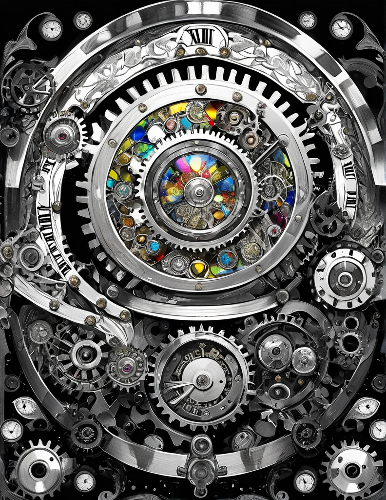 best quality, super fine, 16k, incredibly absurdres, extremely detailed, delicate and dynamic, stained glass kaleidoscope made of jewels of various colors, with mechanical mechanisms, clockwork mechanisms, and gear mechanisms, monochrome man peering into it, iridescent world artwork 