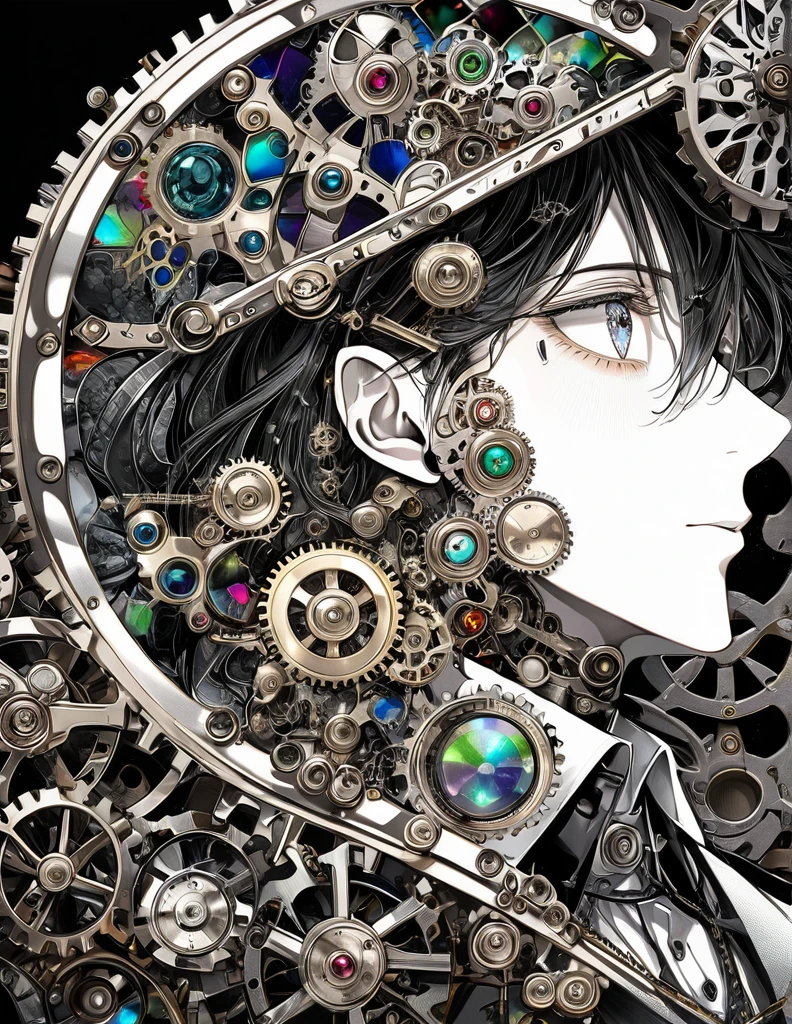 best quality, super fine, 16k, incredibly absurdres, extremely detailed, delicate and dynamic, stained glass kaleidoscope made of jewels of various colors, with mechanical mechanisms, clockwork mechanisms, and gear mechanisms, monochrome man peering into it, iridescent world artwork 