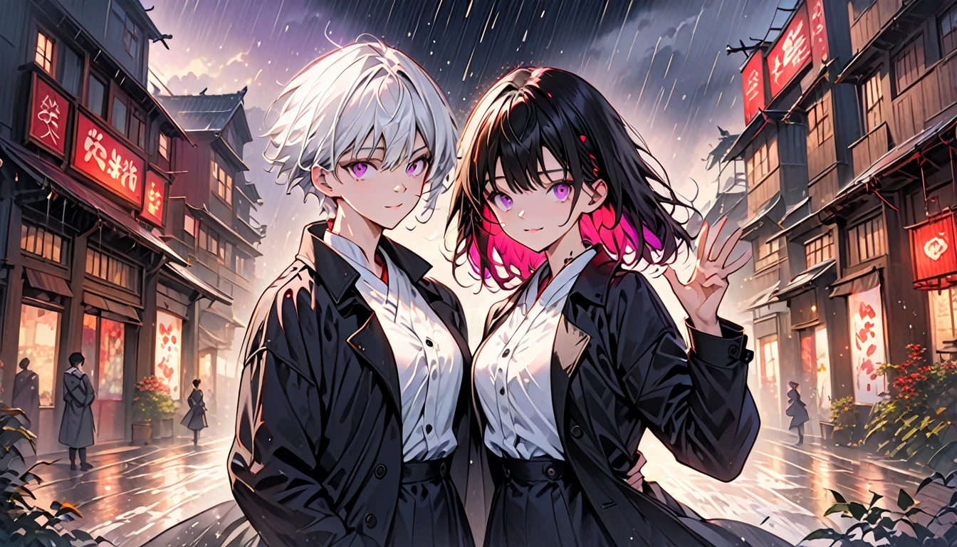 a mysterious and alluring anime-style scene, 2 striking characters, a boy with short white hair with red inner highlights, piercing purple eyes, chiseled physique, wearing sleek black trenchcoat, crisp white shirt, dark jeans, sharp and cold expression, anime girl with short black hair accented by purple highlights, heterochromatic eyes, enticing C-cup figure, wearing matching black trenchcoat, white blouse, black skirt, subtly sinister smile, hand making love sign, face with hint of blood, meticulously detailed features, dramatically lit cinematic setting, vibrant colors, intricate background, rain falling all around, moody dark atmosphere, masterfully rendered, photorealistic quality, a true work of art