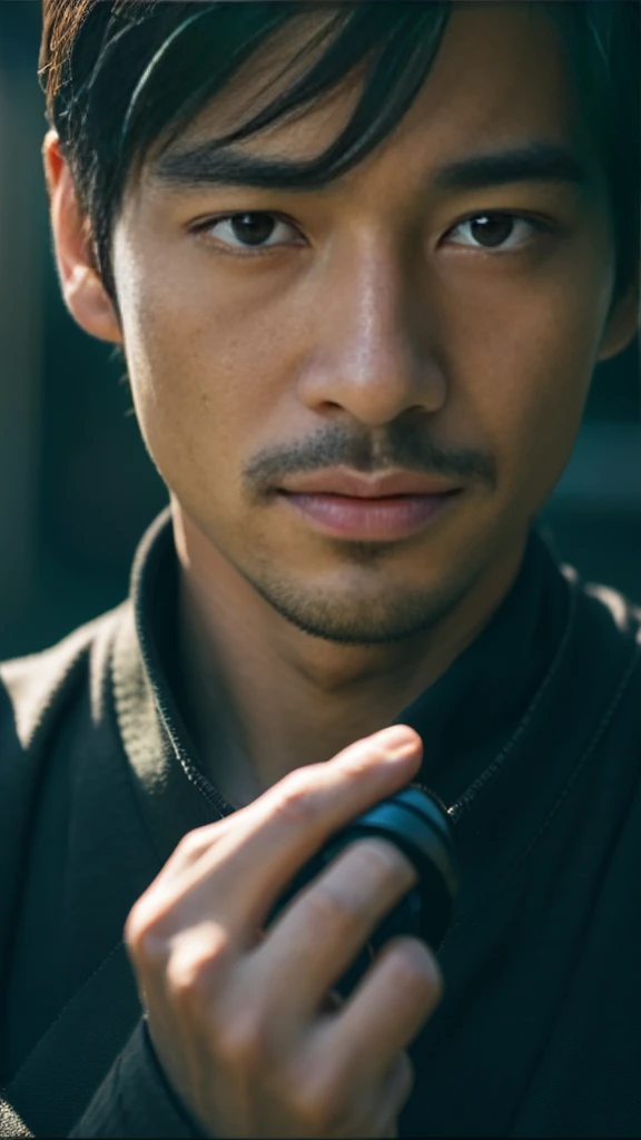 Very realistic Japanese man's face in detail, cinematic color, Keep the hand sign