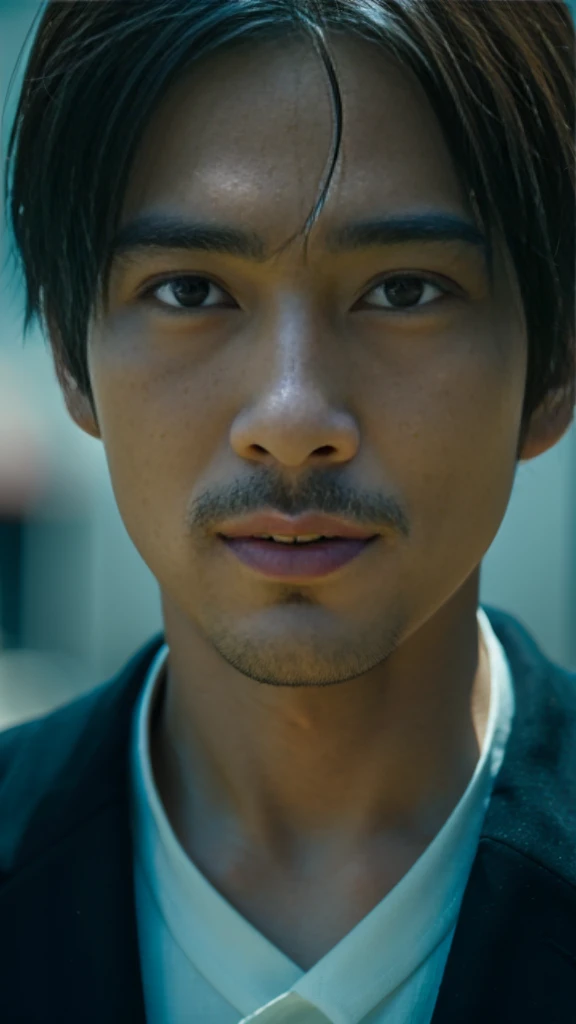 Very realistic Japanese man's face in detail, cinematic color, Keep the hand sign