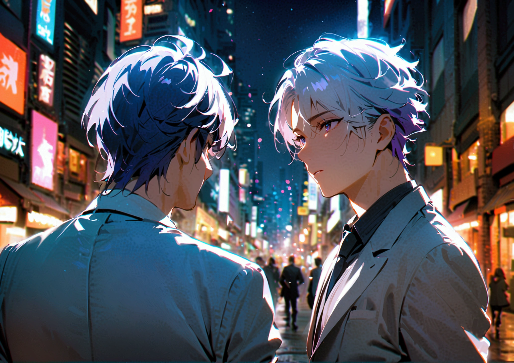 3 men with white hair, 1 man in a white suit with black hair, 1 man in a black suit with purple hair, 1 man in a white suit with their backs turned in the middle of the city at night.