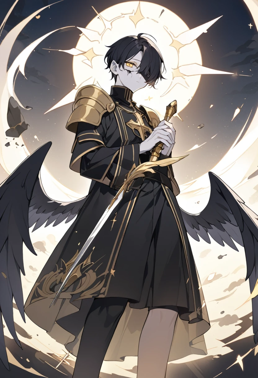 1man, adult, angel, pale skin, black hair, very short hair, white hairlocks, golden eyes, broken face, crack on the face, radiance coming from the crack, missing eye, black wings, eyed wings, bird legs, black robes, golden details, golden shoulder pads, golden prothesis in right hand, clawsprothesis, sword-cross on hands, eclipse, fullbody