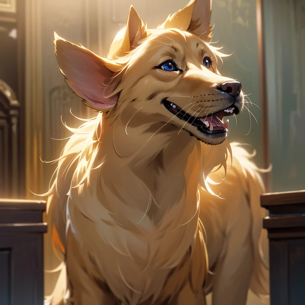 A highly detailed and photorealistic anthropomorphic furry golden retriever dog, beautiful detailed eyes, beautiful detailed nose and mouth, extremely detailed fur, standing up in a indoor environment, (best quality,4k,8k,highres,masterpiece:1.2),ultra-detailed,(realistic,photorealistic,photo-realistic:1.37),intricate details,studio lighting,vivid colors,warm lighting,natural setting,dynamic pose,looking directly at camera, stands tall, full portrait,