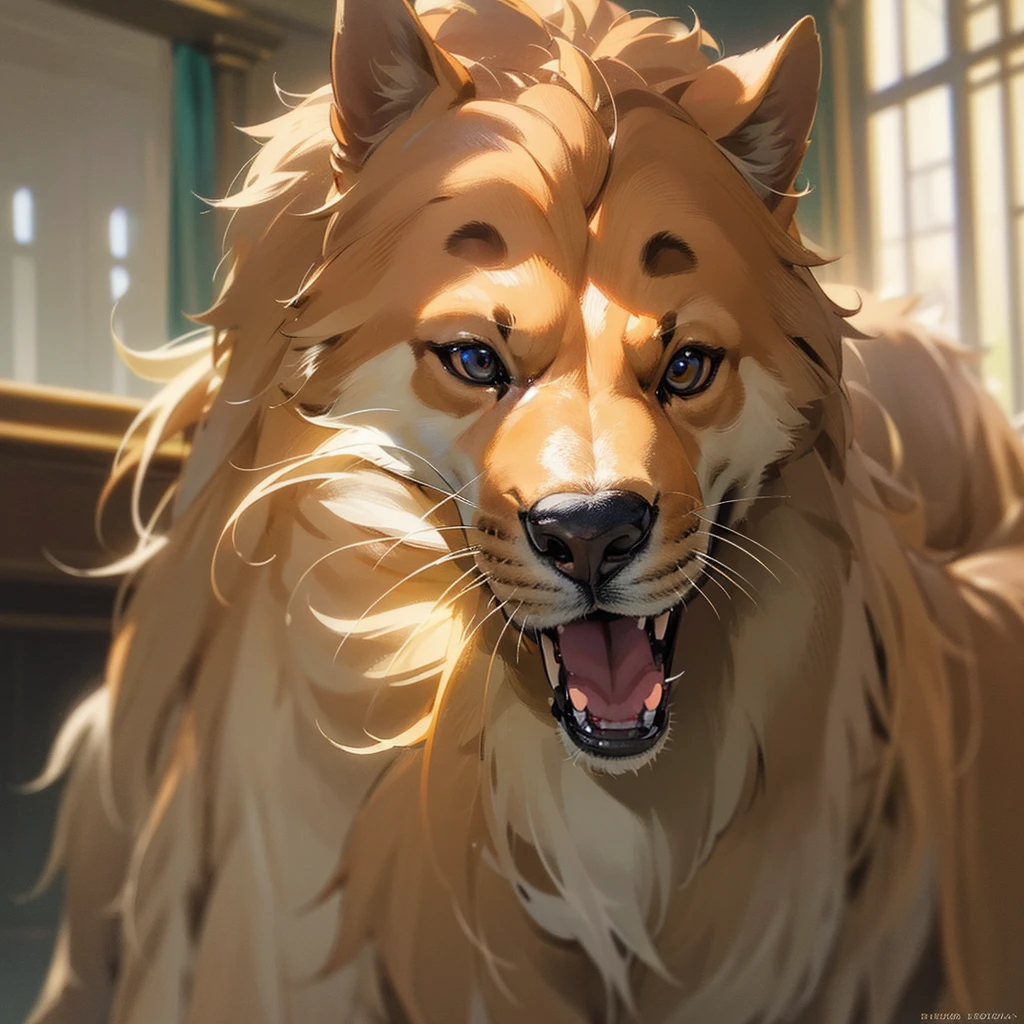 A highly detailed and photorealistic anthropomorphic furry golden retriever dog, beautiful detailed eyes, beautiful detailed nose and mouth, extremely detailed fur, standing up in a indoor environment, (best quality,4k,8k,highres,masterpiece:1.2),ultra-detailed,(realistic,photorealistic,photo-realistic:1.37),intricate details,studio lighting,vivid colors,warm lighting,natural setting,dynamic pose,looking directly at camera, stands tall, full portrait,