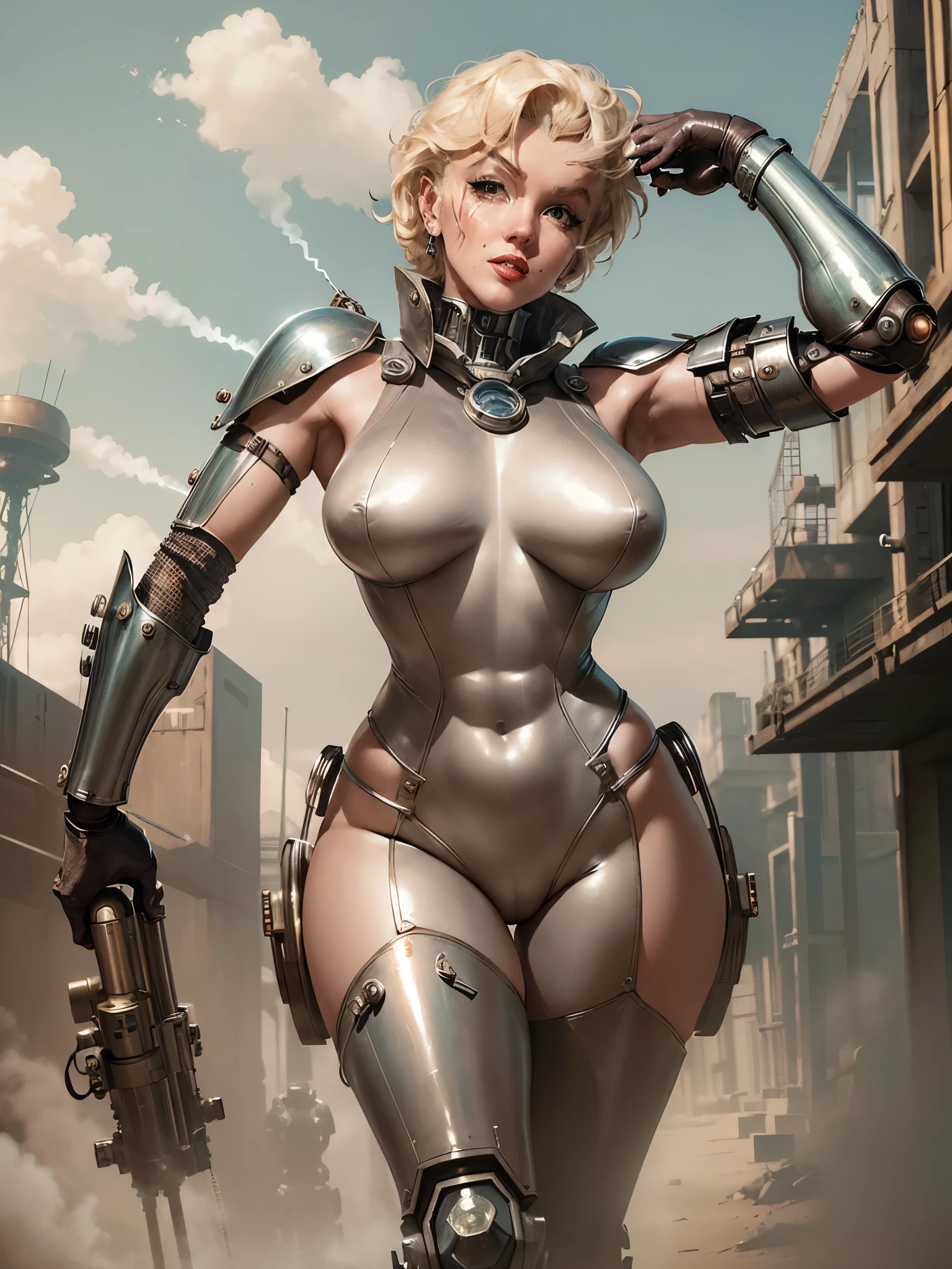 (Steampunk)(cybernetic Assassin woman (M_Monroe), 2 obviously steam driven limbs, seductive infiltration suit, big gun), airships berthed in drydock in background
