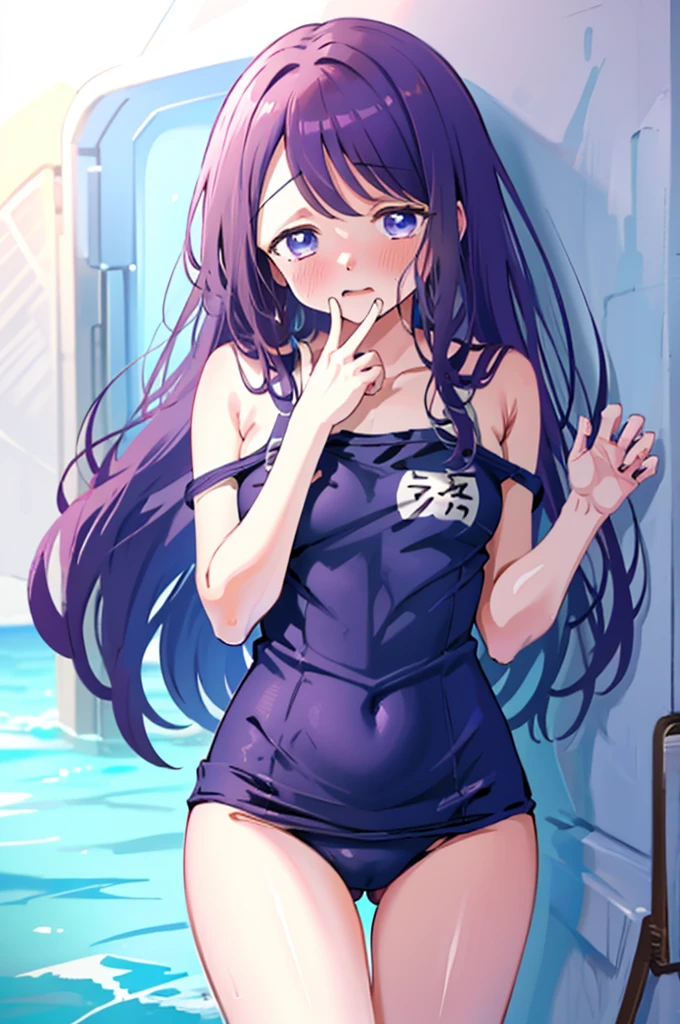 school swimwear、Acme Face、Random pose、, Pale purple eyes、Pale purple eyes、Semi-long hair、nsfw、Highest quality、1 girl、solo、Ocean、Sandy Beach、Sexy pose、Random pose、Blushing、Wet、Embarrassed、I can see half of my 、、One piece swimsuit、(Strap slip:1.3)、School Swimsuit