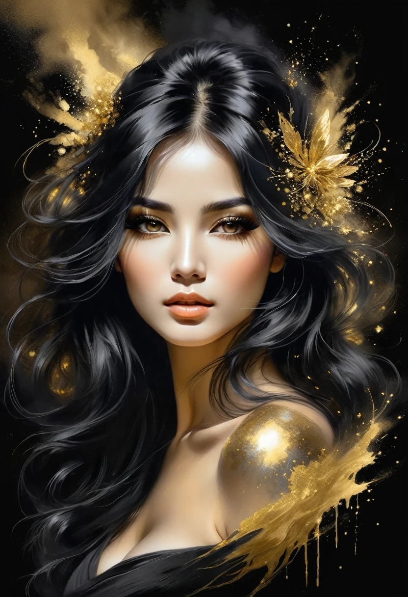 Gorgeous and hot Female face drawing with charcoal, long black hair, Pino Daeni style.
golden patterns, golden and black spirit, liquid gold explosion, golden smoke magic, star dust, golden milky way, black background, magic fog, alcohol ink,
