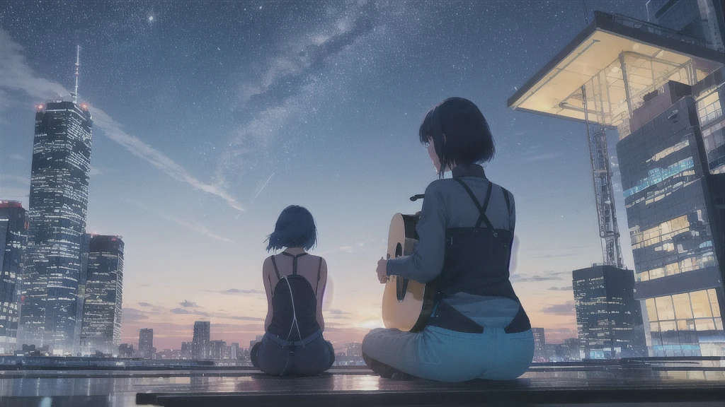 Playing an acoustic guitar,真っ暗なnight空,Octane, star (null), scenery, Blue parakeet,The acoustic guitar is in front of the body.,star, night, woman, Back view, Outdoor, city,Blue parakeet,building, cloud, milky way,silhouette