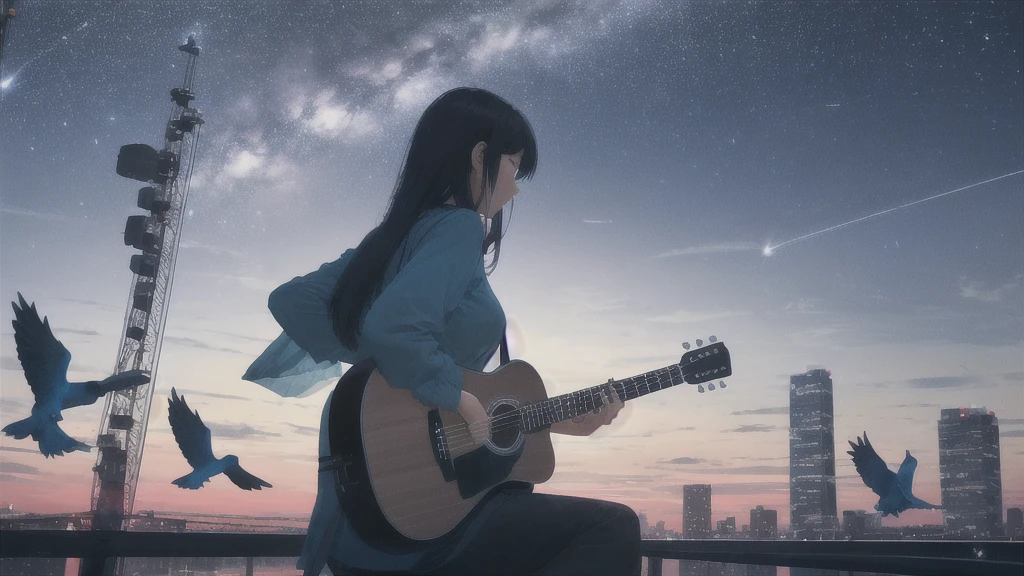 Playing an acoustic guitar,真っ暗なnight空,Octane, star (null), scenery, Blue parakeet,The acoustic guitar is in front of the body.,star, night, woman, Back view, Outdoor, city,Blue parakeet,building, cloud, milky way,silhouette