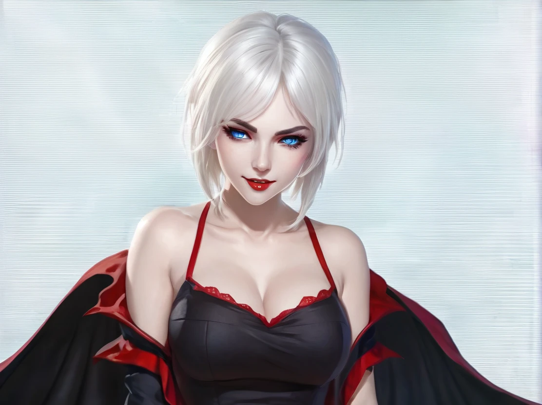 1 girl, short white hair, green earrings, red eyes, wearing plain skin tight black leotard with a small diamond cut at her cleavage, red short sleeve cloak falling off shoulders,