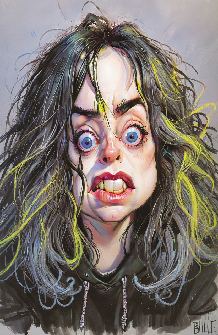 trippy kruger style, kru3ger_style caricature of Billie Eilish