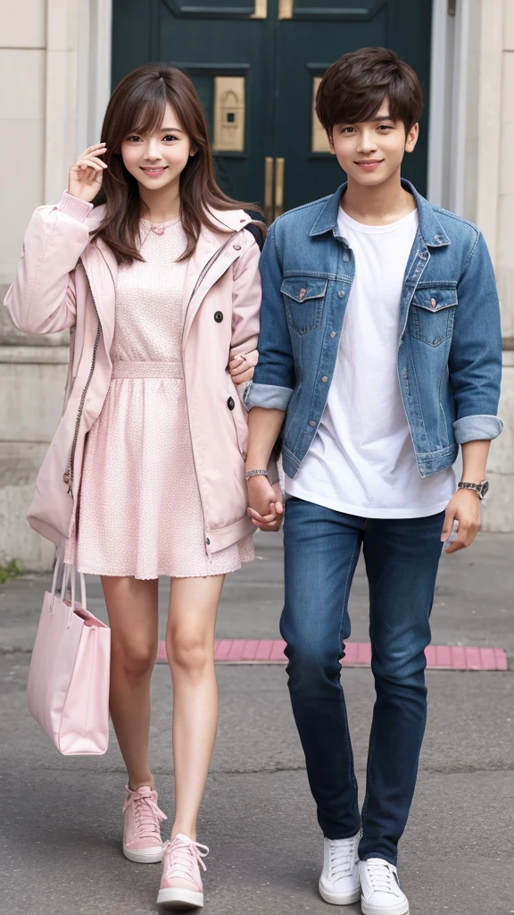 Walking on city streets, a man and a woman, bandeau dress, wearing long gorgeous clothes, wearing pink flower long dress, cute couple, shopping, in the city