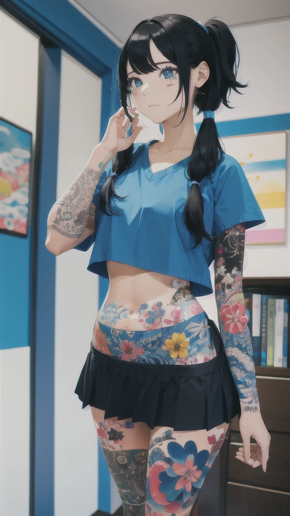 1, matural female, Bblack hair, pigtail, blusa azul, Blue miniskirt, blue panties, black thighighs, (breasts big), Inside the house, room, fullcolor, bright coloured, Masterpiece artwork, absurdres, esthetic (tatoo:1.3),