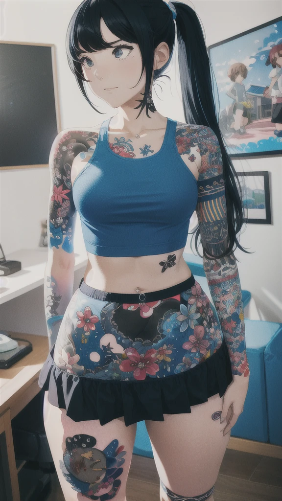 1girl, mature female, black hair, braid, blue blouse, blue miniskirt, blue panties, black thighhighs, (huge breasts), indoors, bedroom, colorful, vivid colors, masterpiece, absurdres, aesthetic <lora:add_detail:1>  <lora:tattoo_lora01:1> (tattoo:1.3),