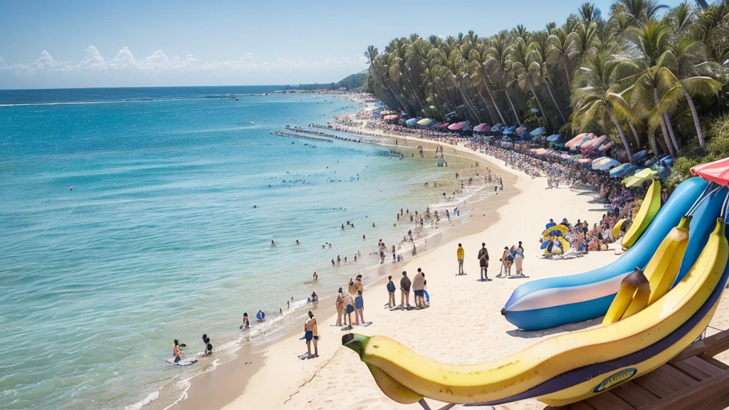 masterpiece, best quality, ultra-detailed, detailed scenery, beautiful detailed eyes, Angle from the front, (Landscape Photography:1.5),
Beach, (crowd of men:1.4), 3-4 Japanese men looking at the viewer, wearing only swim trunks,
beach chairs, beach ball, beach umbrella, (toy banana boat in the sea:1.3),