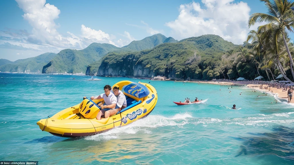 masterpiece, best quality, ultra-detailed, detailed scenery, beautiful detailed eyes, Angle from the front, (Landscape Photography:1.5),
Beach, (crowd of men:1.4), 3-4 Japanese men looking at the viewer, wearing only swim trunks,
beach chairs, beach ball, beach umbrella, (toy banana boat in the sea:1.3),