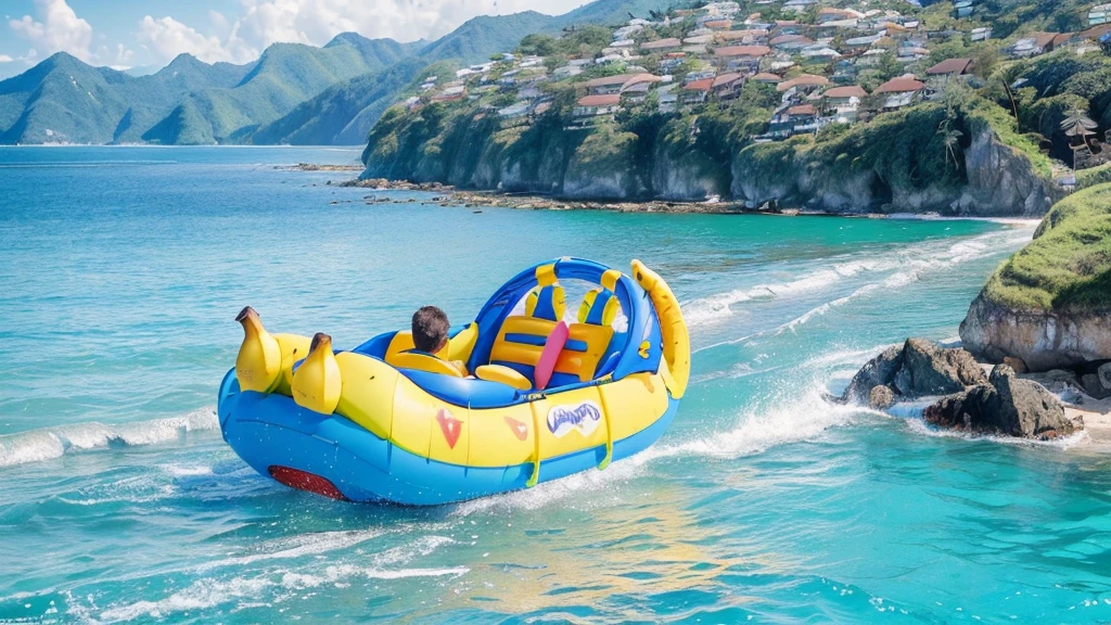masterpiece, best quality, ultra-detailed, detailed scenery, beautiful detailed eyes, Angle from the front, (Landscape Photography:1.5),
Beach, (crowd of men:1.4), 3-4 Japanese men looking at the viewer, wearing only swim trunks,
beach chairs, beach ball, beach umbrella, (toy banana boat in the sea:1.3),