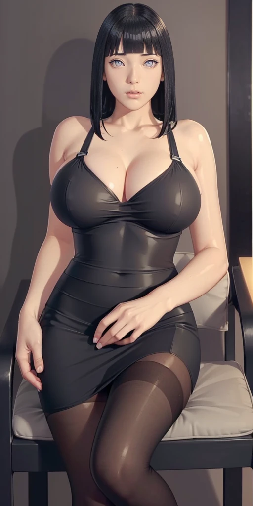 (（（Perfect body,White and tender skin,（（（Black suspender skirt,）））,（（（hyuugahin,hyuugahin,hinata\(boruto\),hyuugahin, "black long hair", blue eyes,blunt bangs）））,((masterpiece)),high resolution, ((Best quality at best)),masterpiece,quality,Best quality,（（（ Exquisite facial features,Looking at the audience,There is light in the eyes,blush,Happy,lol）））,From below,sit on the chair）））,（（（Light and shadow,Huge breasts）））,（（（Looking at the camera,black background,)））),