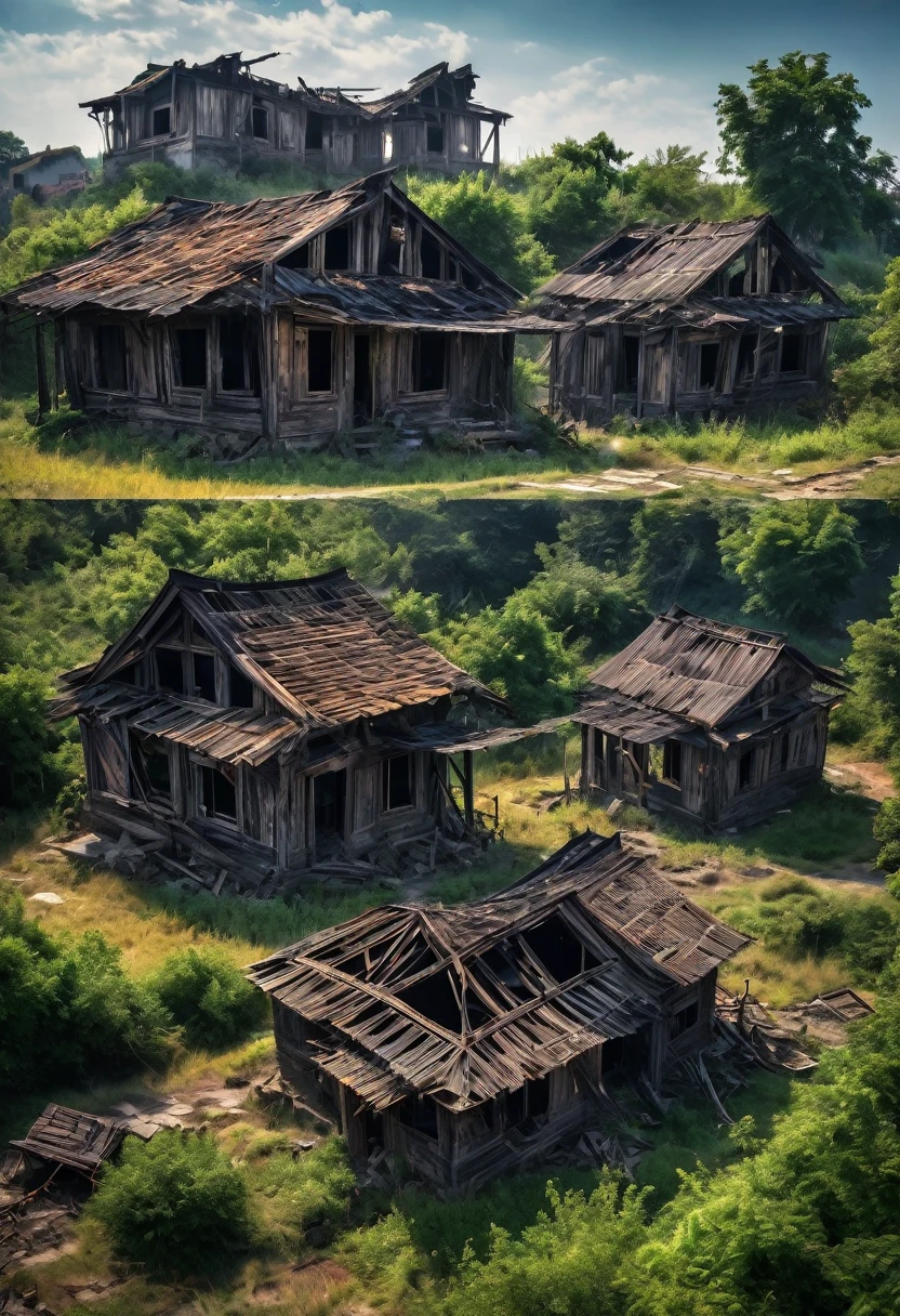 (masterpiece:1.2), (best quality,:1.2), 8k, HDR, ultra detailed, ((photorealistic)), professional light, cinematic lighting, fashion photography, ambient lighting,ruins of a burned! down village!, wood houses, FanRu epiCPhoto