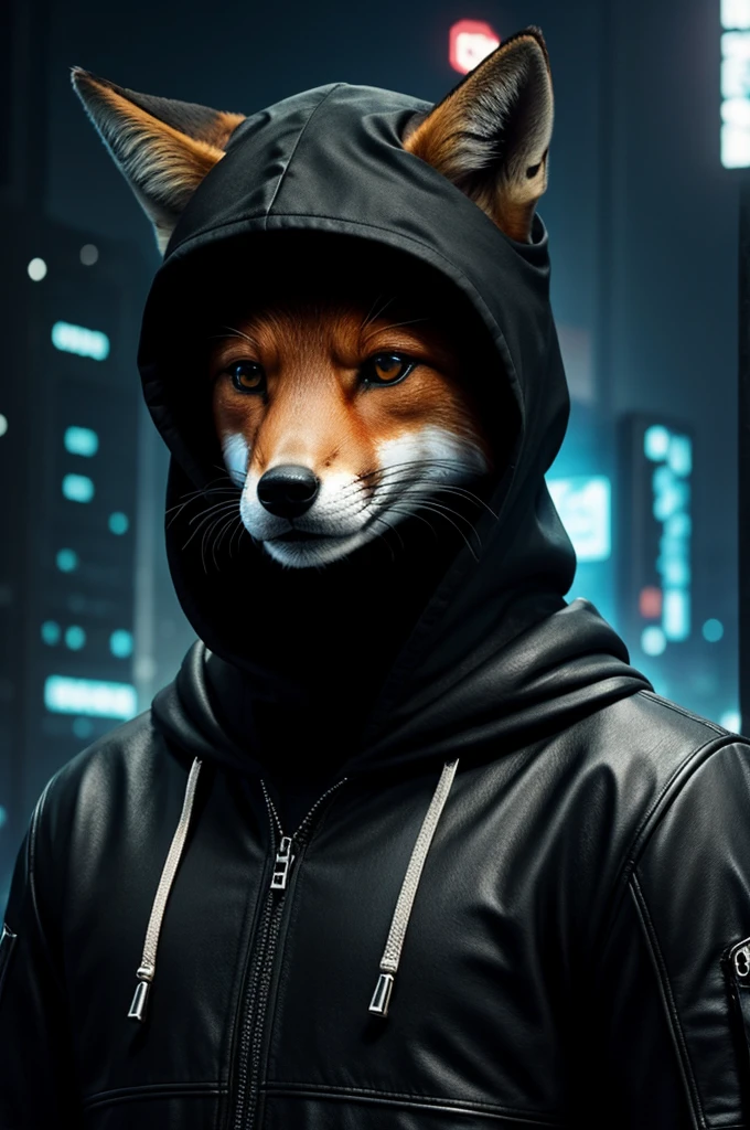 Fox animal as realistic as possible with a black hood on a cyber punk background