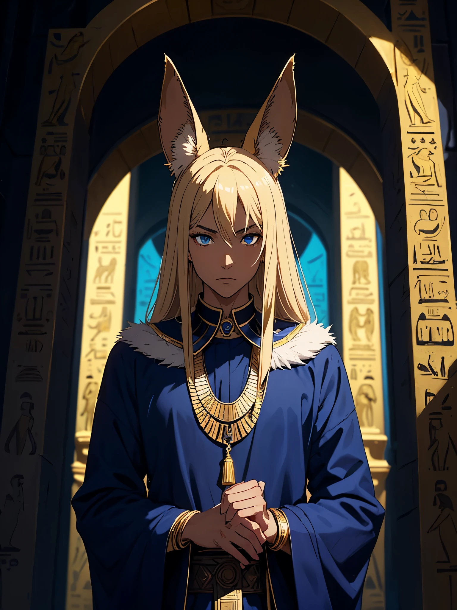 Blaue Augen. Mehr anime. Hübsch. Anubis. Anubisohren. Jackal ears with fur. age boy. Egyptian deity Anubis. Egyptian clothing. long blond hair. Lots of gold jewelry. dark skin. Egyptian. dazzling blue eyes. mystical. divine.