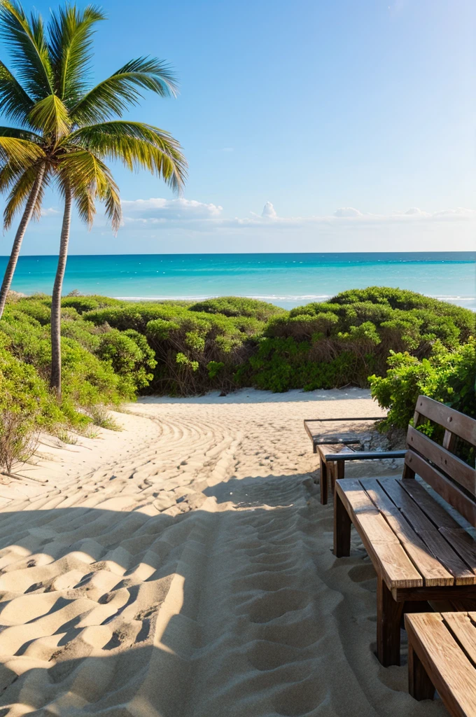 A beach with bench