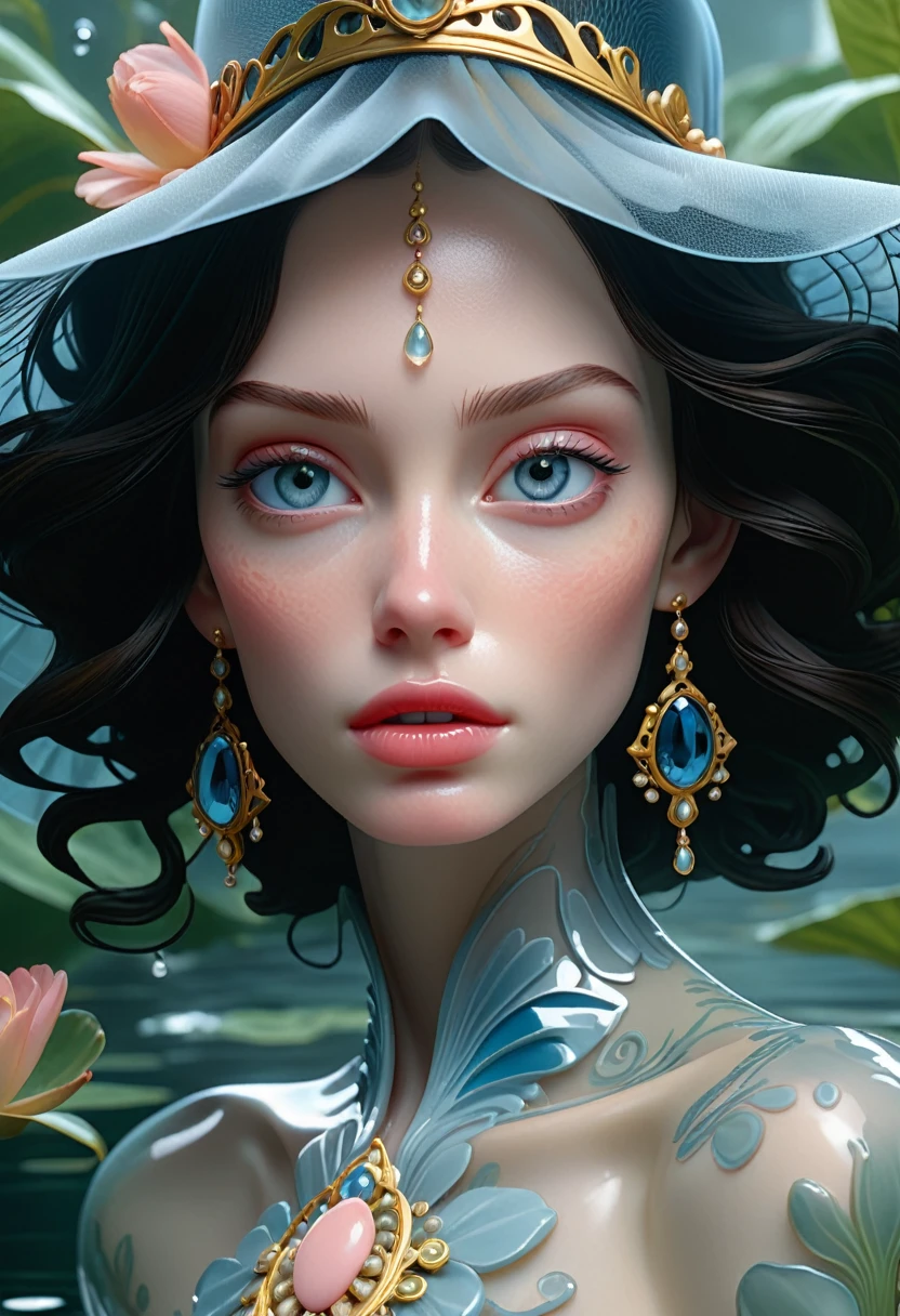 biomechanical details, high fidelity face, maybelline, elegant, brief encounter in a lake, mist, distraction, cinematic composition, cinematic dramatic atmosphere, detailed, details, digital art, highly detailed, illustration, intricate, new baroque, octane render, art by greg rutkowski and james jean and ferdinand knab and loish