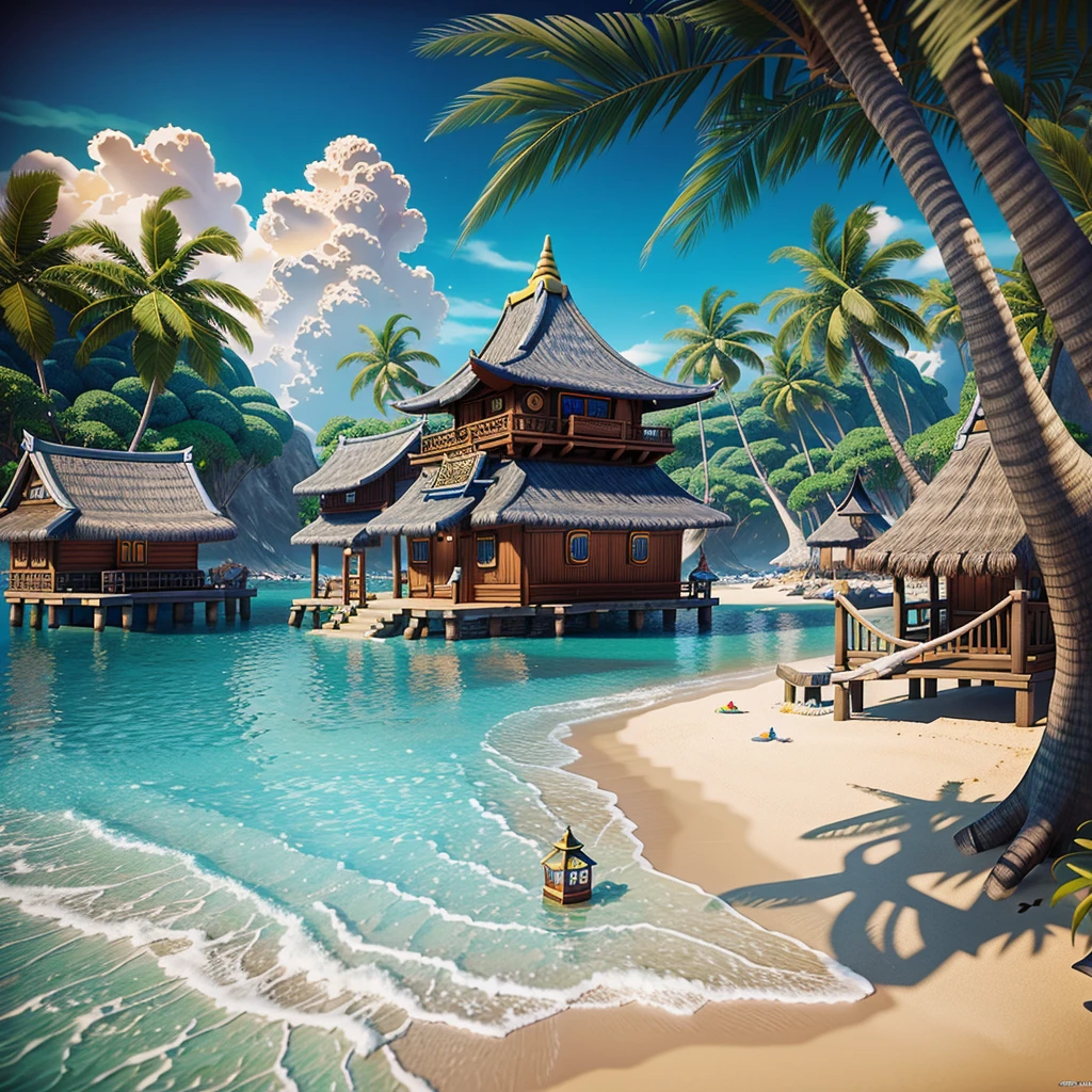 A fantasy inspired painting of a shore village in kawacy style, rendered in cinema4d, bulbous, accurate nautical details, creative character design, whimsical cartoon style, 32k uhd --ar 2:1 sexy girl rishni