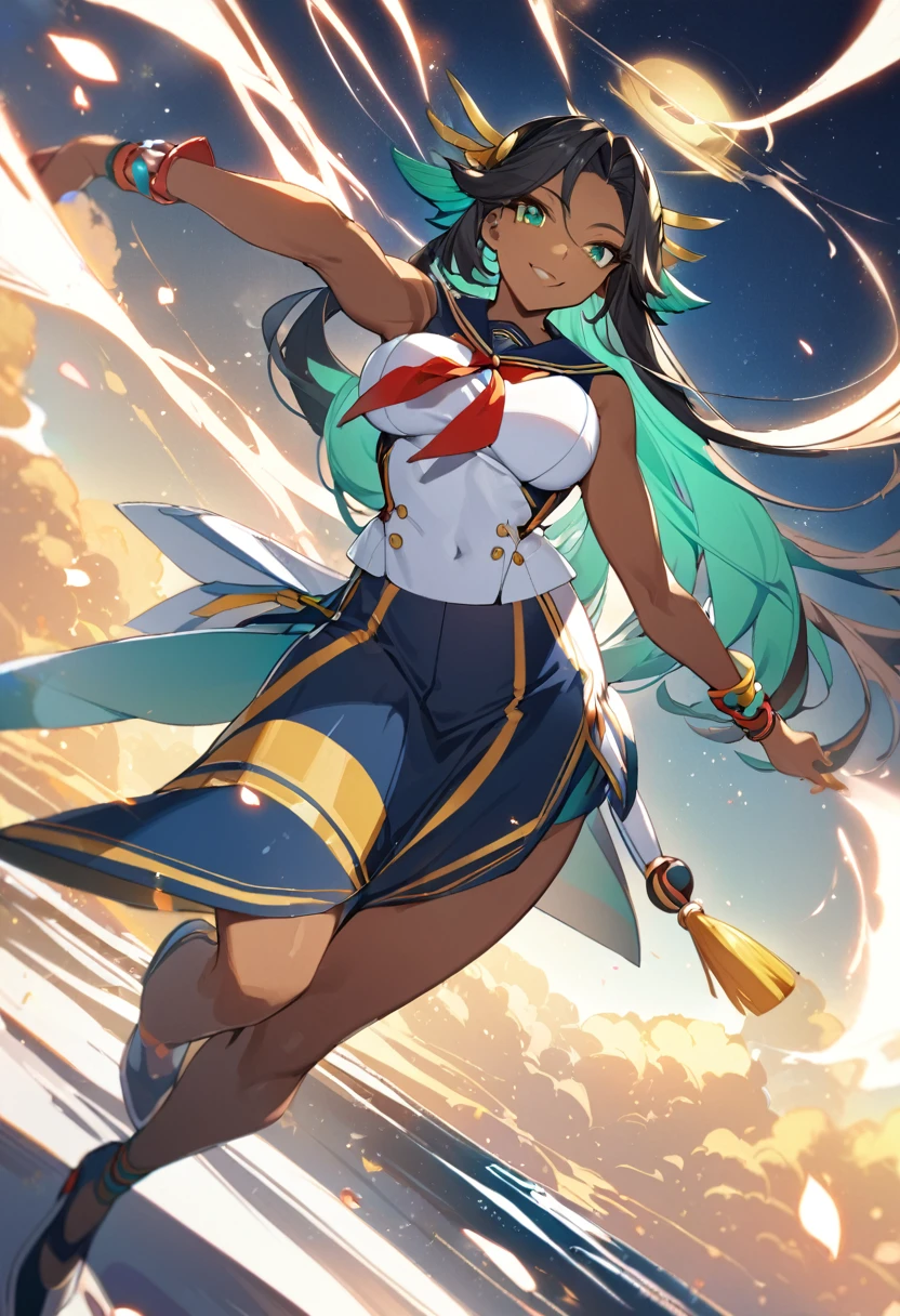 1girl, 独奏,black dark skin,breasts,thighs,dark-skinned female, green eyes, long hair, smile,Dynamic Angle,Sailor suit,Long skirt