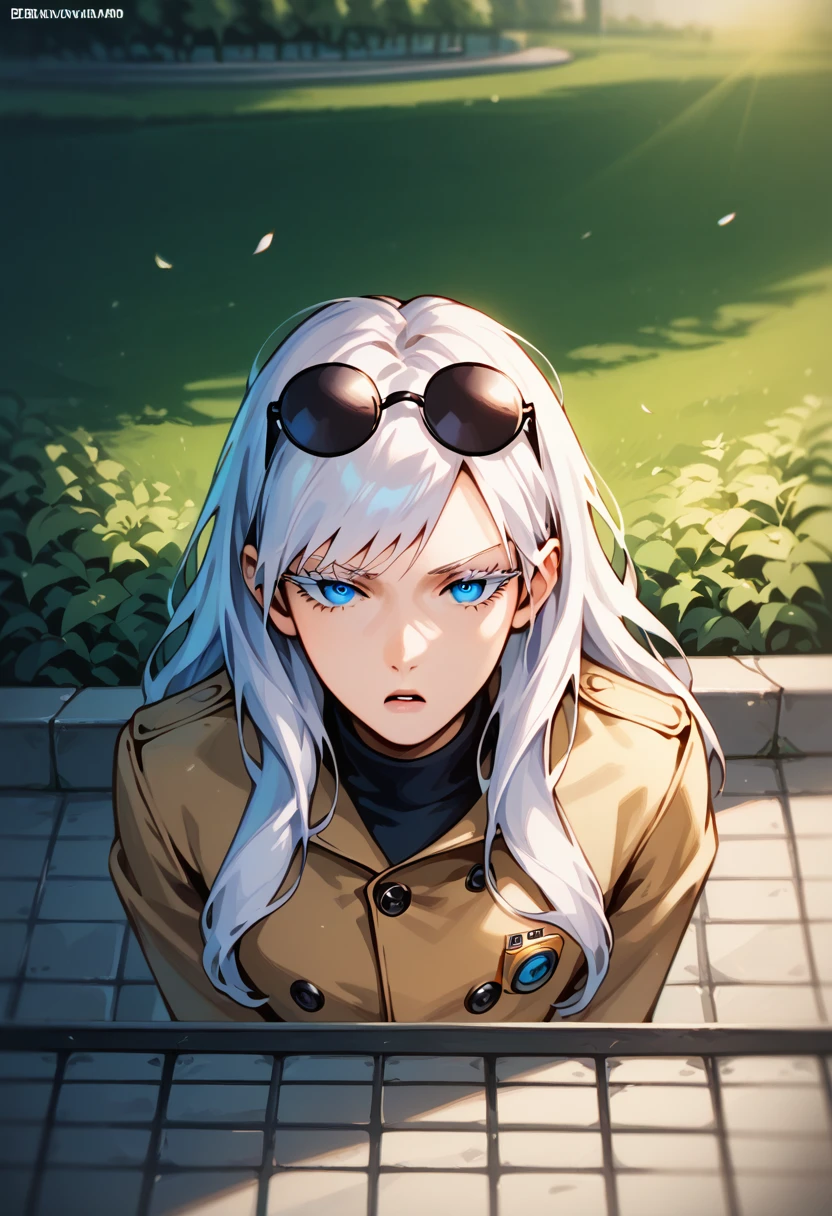 punctuation_9, punctuation_8_High above, punctuation_8, best qualityer,work of art,4K,very aesthetic,no censure,assessment_explicit,assessment_questionable, アニメ_fountain,  gojou satora, gender swap \(mtf\), long hair, White hair, blue colored eyes, Depth of field, stunning color, (white eyelashes:1.5), female focus, break, 1 girl, mellow, gazing at viewer, (Glasses on the head, round glasses), ssmile, Grinning, Grinning, forest background, trench coat, Striped culotte pants, break,
Animado pela DreamWorks Animation, disheveled hair, perfect composition, break,cinematic lighting and shadow, dynamic pose, Expressive, face perfect, perfectbody,(work of art), (best qualityer), (ultra detali), very aesthetic,very detailled, high detailed texture, 8K,