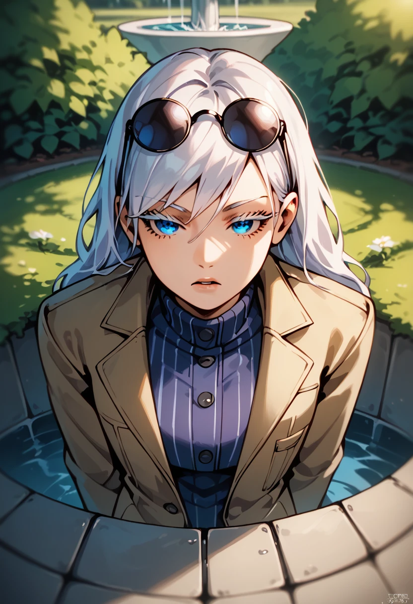punctuation_9, punctuation_8_High above, punctuation_8, best qualityer,work of art,4K,very aesthetic,no censure,assessment_explicit,assessment_questionable, アニメ_fountain, gojou satora, gender swap \(mtf\), long hair, White hair, blue colored eyes, Depth of field, stunning color, (white eyelashes:1.5), female focus, break, 1 girl, mellow, gazing at viewer, (Glasses on the head, round glasses), ssmile, Grinning, Grinning, forest background, trench coat, Striped culotte pants, break,
Animado pela DreamWorks Animation, disheveled hair, perfect composition, break,cinematic lighting and shadow, dynamic pose, Expressive, face perfect, perfectbody,(work of art), (best qualityer), (ultra detali), very aesthetic,very detailled, high detailed texture, 8K,