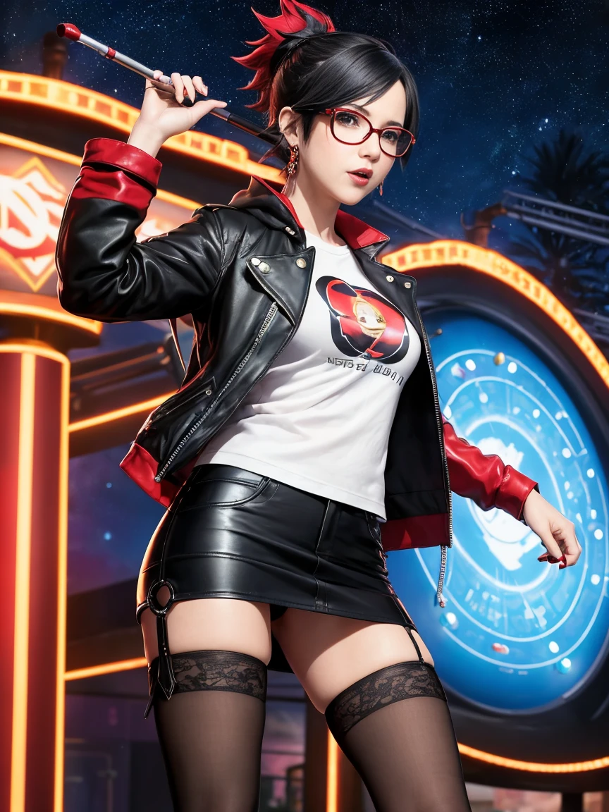 Magic: The Gathering, ((Board game card design)), ((stockings: 1.2)), Sarada Uchiha with short hair, black eyes, wearing red glasses, she is wearing earrings and strings. She is dressed like a punk rocker. ( She is wearing a white t-shirt with a rock band print, a plaid skirt and a leather jacket with tattoos, pantyhose ), ( and is riding in a brightly lit amusement park on a starry night ), ((( parading, standing )))