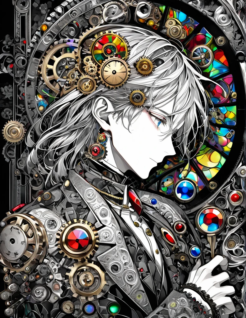 best quality, super fine, 16k, incredibly absurdres, extremely detailed, delicate and dynamic, stained glass kaleidoscope made of jewels of various colors, with mechanical mechanisms, clockwork mechanisms, and gear mechanisms, monochrome man peering into it, iridescent world artwork 