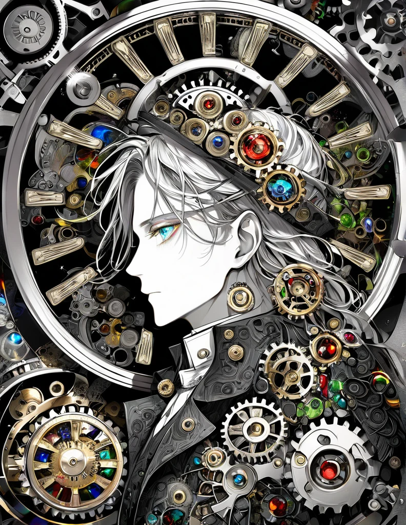 best quality, super fine, 16k, incredibly absurdres, extremely detailed, delicate and dynamic, stained glass kaleidoscope made of jewels of various colors, with mechanical mechanisms, clockwork mechanisms, and gear mechanisms, monochrome man peering into it, iridescent world artwork 