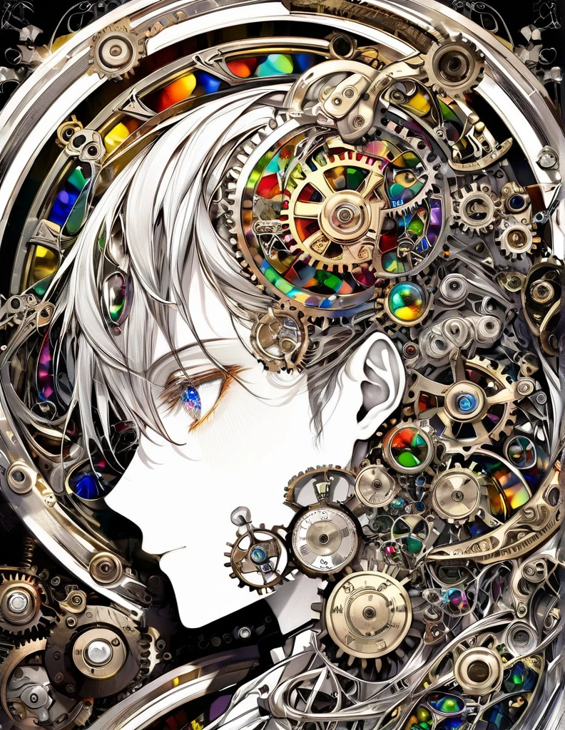 best quality, super fine, 16k, incredibly absurdres, extremely detailed, delicate and dynamic, stained glass kaleidoscope made of jewels of various colors, with mechanical mechanisms, clockwork mechanisms, and gear mechanisms, monochrome man peering into it, iridescent world artwork 