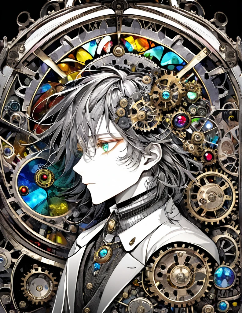 best quality, super fine, 16k, incredibly absurdres, extremely detailed, delicate and dynamic, stained glass kaleidoscope made of jewels of various colors, with mechanical mechanisms, clockwork mechanisms, and gear mechanisms, monochrome man peering into it, iridescent world artwork 