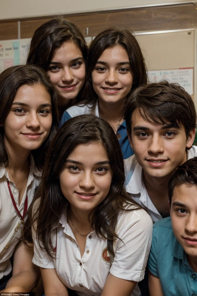 Boys and girls with Latin features from the upper middle class receiving English classes with their teacher in a classroom, everyone is happy and enjoying the class, preferably the faces are different from each other
