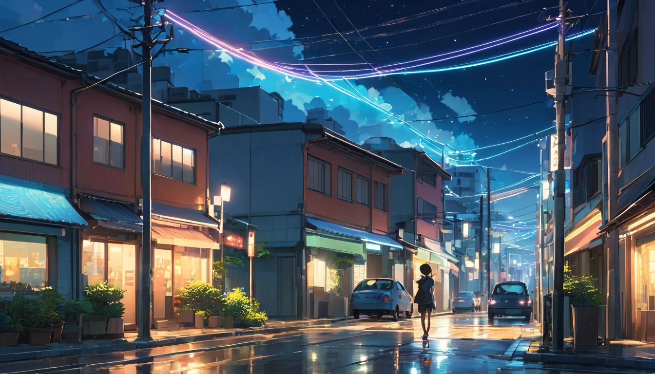 Um cenário urbano com luzes de néon, ruas tranquilas e um céu estrelado, noite, estilo anime ((makoto shinkai)), makoto shinkai&#9, background anime full hd, conceptual artwork, tumblr, magical realism, cute anime, anime full hd, anime movie backgrounds,  cloudy sky, (lofi aesthetic).