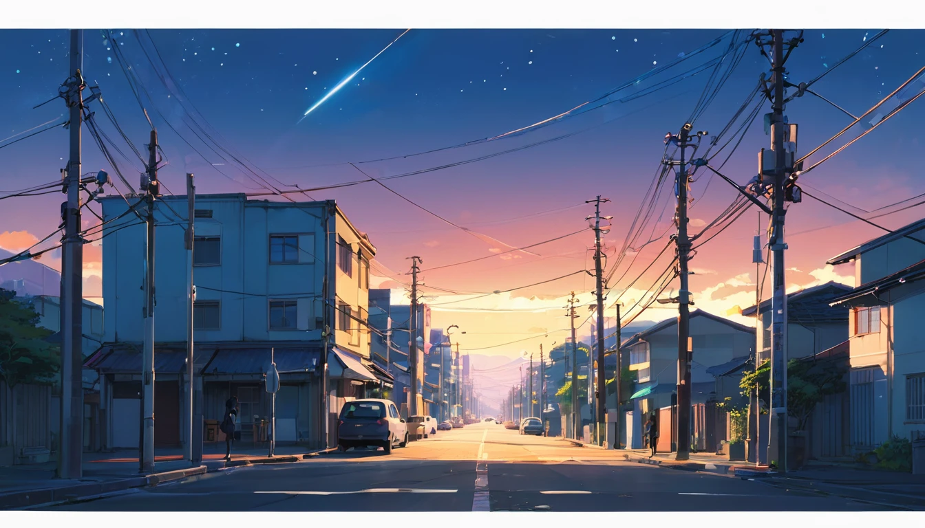 Um cenário urbano com luzes de néon, ruas tranquilas e um céu estrelado, noite, estilo anime ((makoto shinkai)), makoto shinkai	, background anime full hd, conceptual artwork, tumblr, magical realism, cute anime, anime full hd, anime movie backgrounds, cloudy sky, (lofi aesthetic).