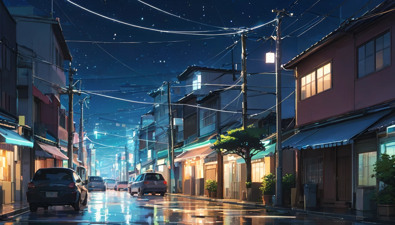 Um cenário urbano com luzes de néon, ruas tranquilas e um céu estrelado, noite, estilo anime ((makoto shinkai)), makoto shinkai&#9, background anime full hd, conceptual artwork, tumblr, magical realism, cute anime, anime full hd, anime movie backgrounds,  cloudy sky, (lofi aesthetic).