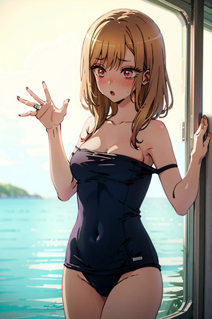 Random pose、school swimwear、Acme Face、Random pose、, Pale red eyes、Semi-long hair、Chestnut Hair、Sandy Beach、、、nsfw、Highest quality、1 girl、solo、Ocean、Sexy pose、Random pose、Blushing、Wet、Embarrassed、I can see half of my 、、One piece swimsuit、(Strap slip:1.3)、School Swimsuit