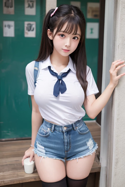Highest quality、8K、、Big Breasts、View from below、Denim shorts、Black knee-high socks、