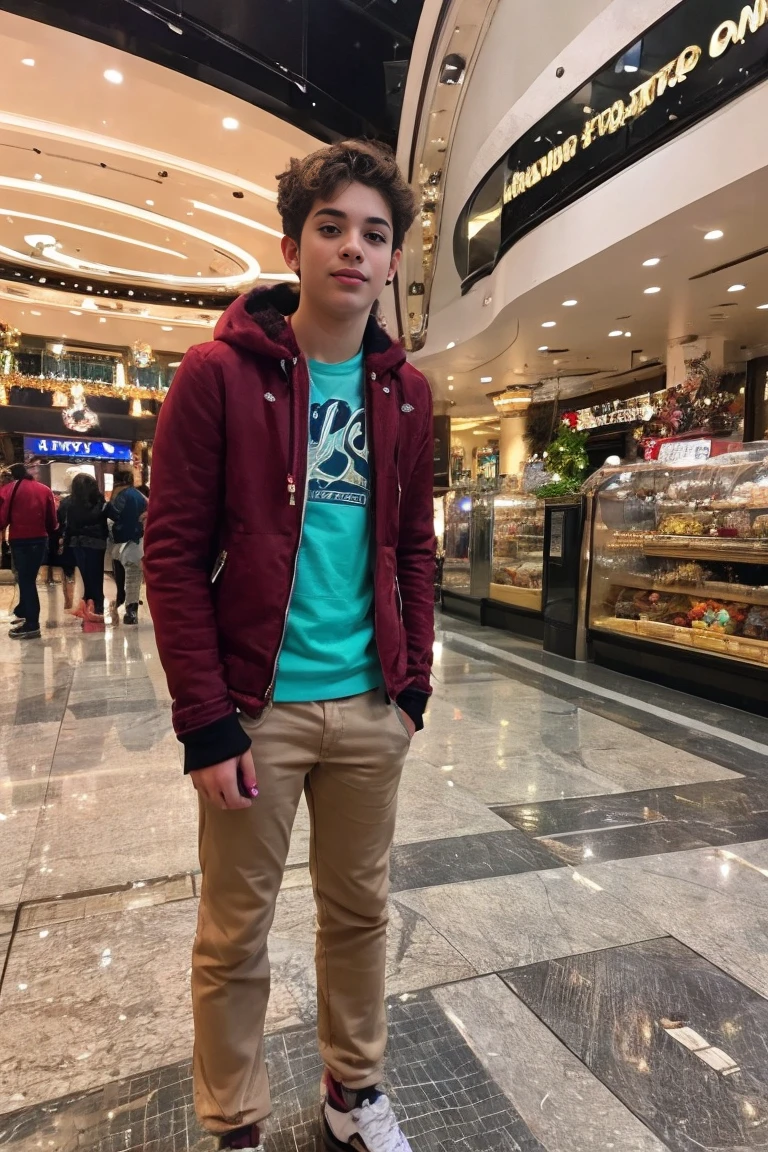 Realistic photo of solo handsome teenage men standing in front of mall