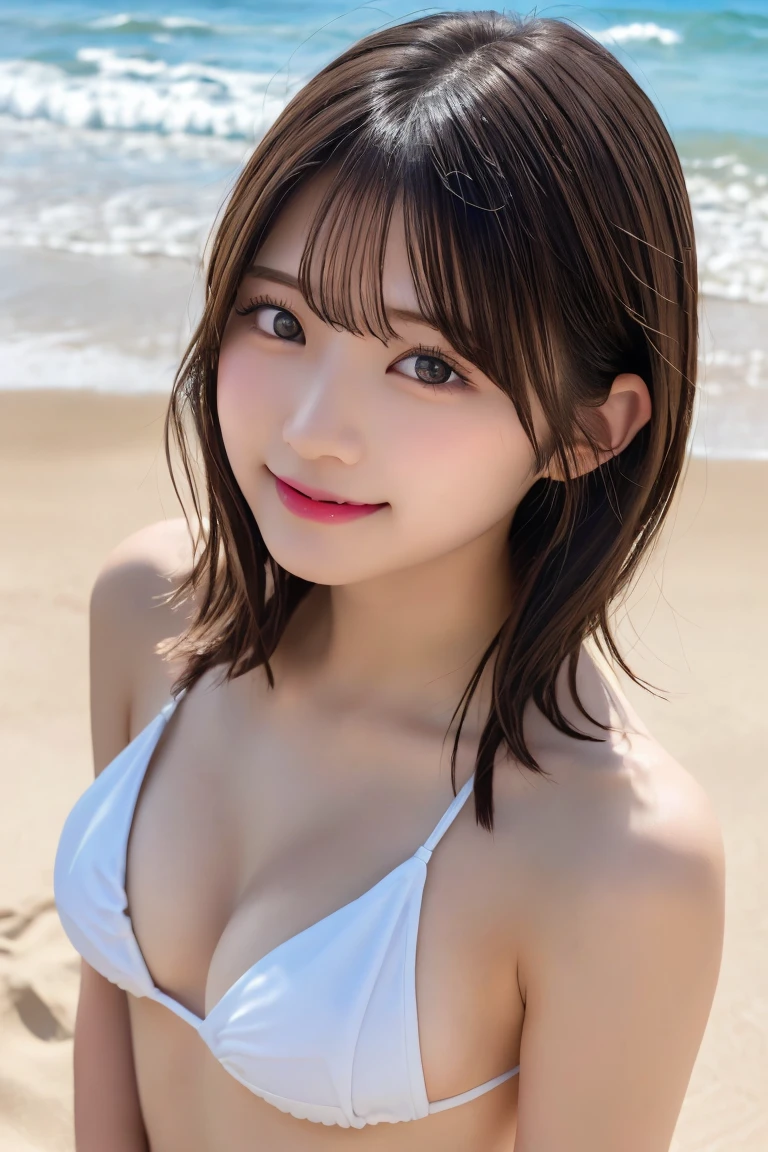 (8K.Highest quality), (beautiful)、Very delicate eyes、Brown eyes、22-year-old female、Brown Hair、looking at the camera、Semi-short hair、Gal、Soft boobs、Ruffled micro bikini、Natural lips、Beach、Turn your body forward、Beachボールに座る、Shoot from above、smile、Open your mouth