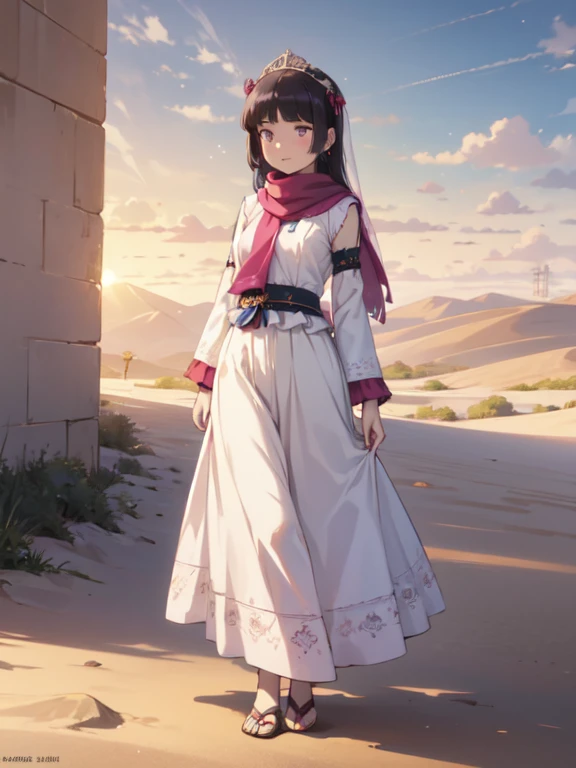 (masterpiece, Highest quality:1.1), (Desert Princess), 1 Girl, alone, Gold embroidery, Kaftans,Turbaned, scarf, jewelry, Circlet, 額のjewelry, Elegant robes, satin, Veil, gem, tiara, Arabian Style, Desert Landscape, carpet, Hair blowing in the wind, Shining, Sunset, oasis, silk, Sparkling Eyes, Sand Dunes
